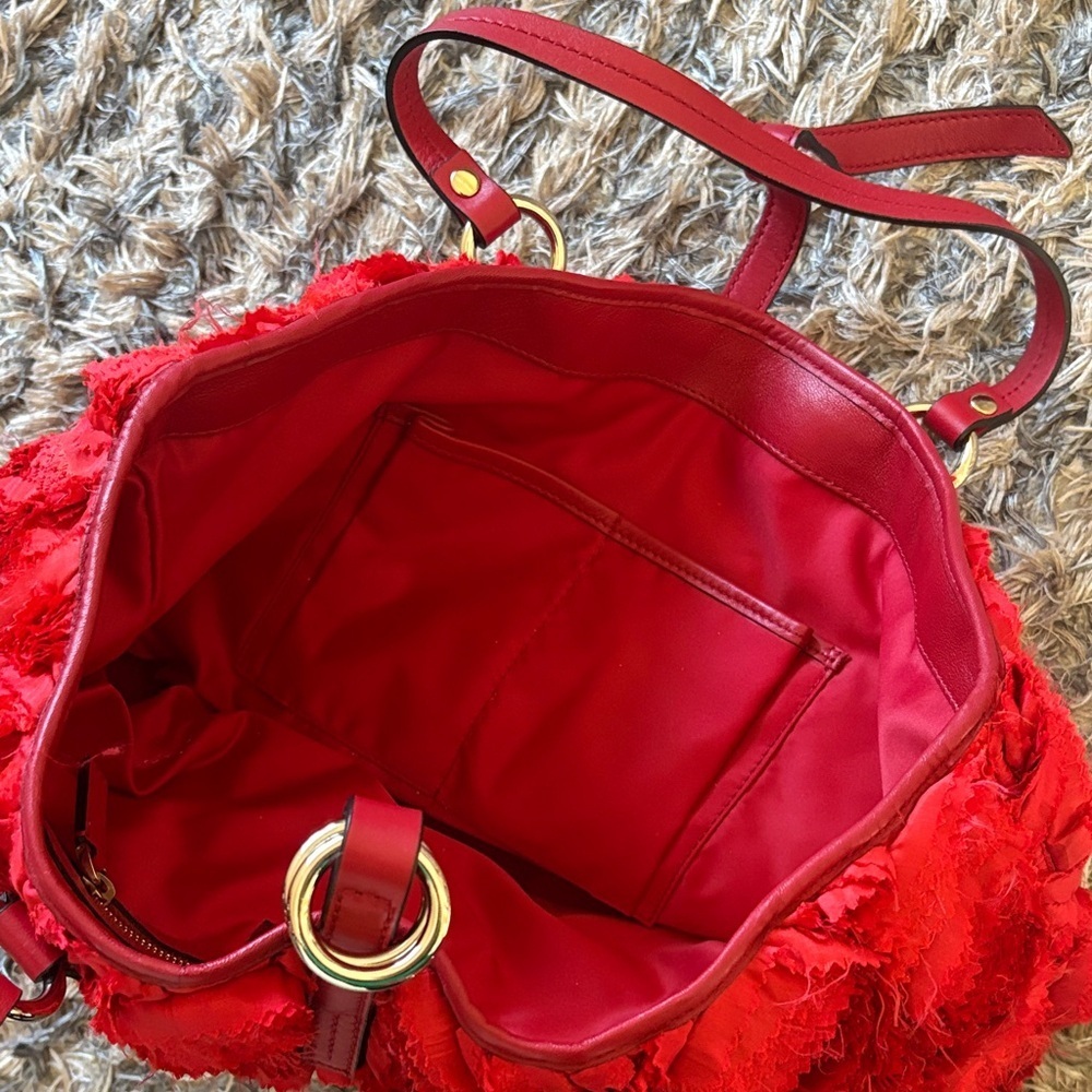 Valentino Red Floral Textured Tote, Gold Hardware - Picture 10 of 14
